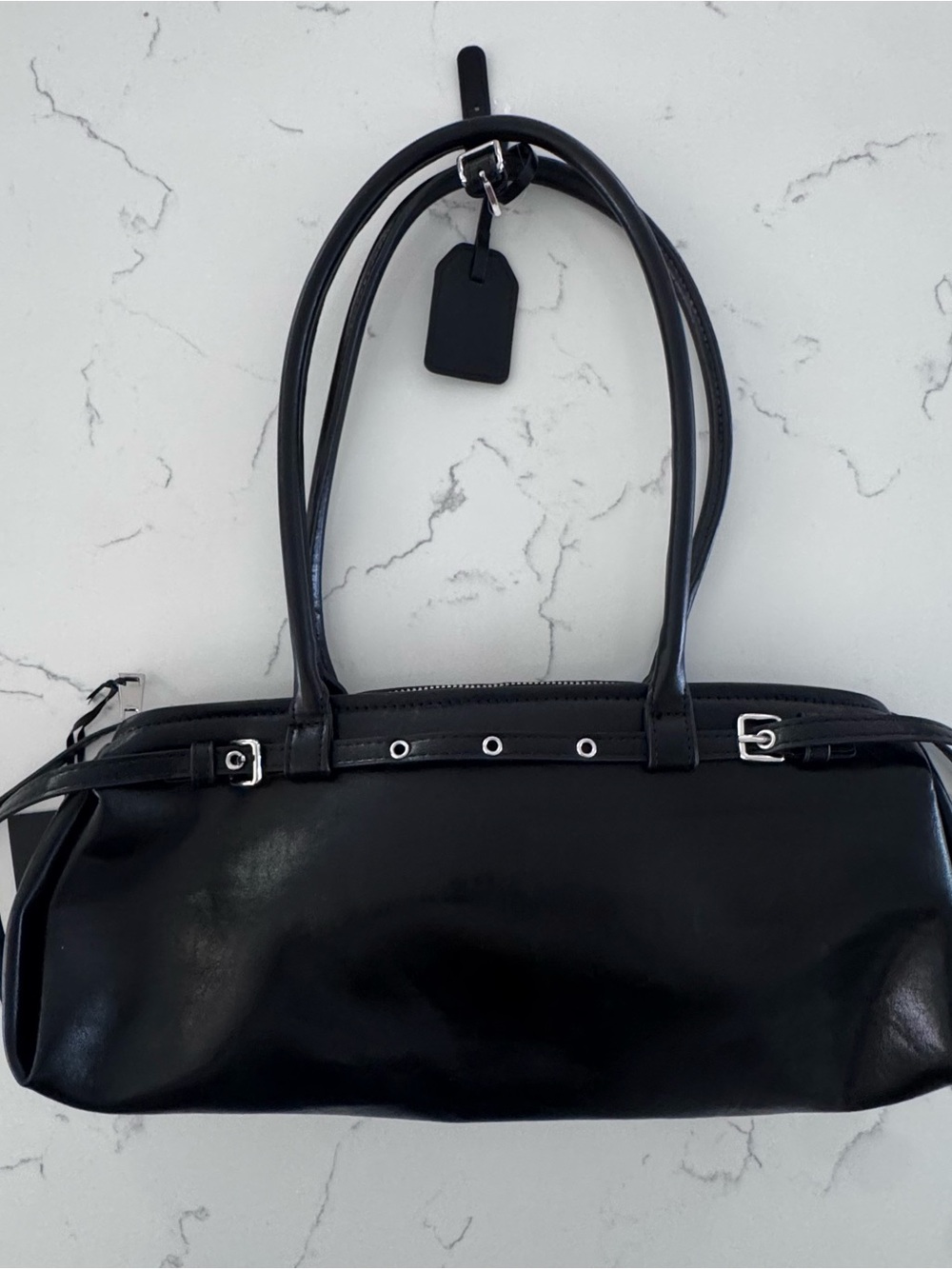 NWT House of Harlow 1960 Black Faux Leather Barrel Shoulder Bag Y2K - Picture 3 of 11